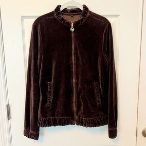 Adrienne Vittadini Brown Velour Zip Up Jacket Y2K Coquette Luxe Loungewear M